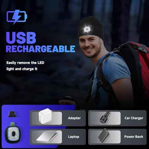 Keains Unisex Beanie with The Light £¬Rechargeable LED Headlamp Cap£¬ Warm Knit Hats for Winter Safety Gifts for Men Women Dad