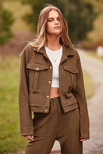 PRETTYGARDEN Womens Two Piece Sets Fall 2026 Long Sleeve Button Down Shacket Jacket Long Sweatpants Tracksuit Winter Clothes