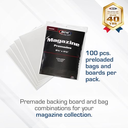 BCW Magazine Bags and Boards ? (100 Pack) | Premade Non-Resealable Magazine Protectors | Standard Size 8 ¨ú" x 11 ¨û" | Magazine Sleeves and Boards Pre-Loaded for Storage and Display