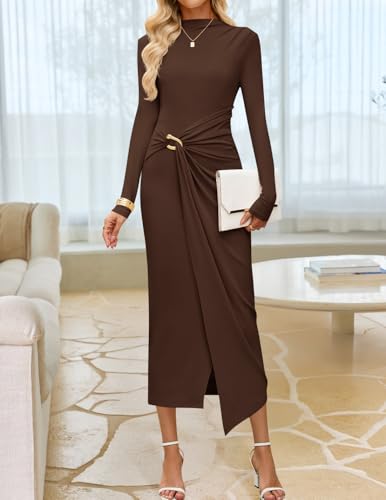 ZESICA Women's 2026 Spring Long Sleeve Bodycon Dress Mock Neck Wedding Guest Cocktail Party Long Midi Dresses