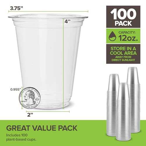Stock Your Home 12 oz Clear Commercially Compostable Cold Cups (100 Pack), Eco Party Cup, Environmentally Friendly Disposa...