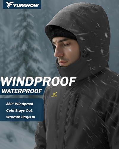 Yufawow Men Winter Jacket Work Coat Waterproof Windbreaker Heavy Softshell Heat Warm Thermal Insulated Ski Snow Snowboard