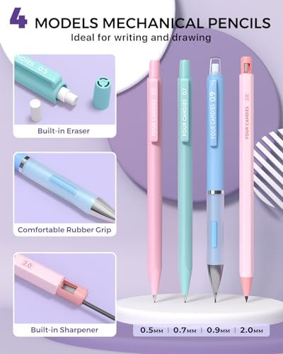Four Candies 36PCS Aesthetic School Supplies, Mechanical Pencils 0.5mm, 0.7mm, 0.9mm & 2.0mm with 624PCS Lead Refills, Cut...