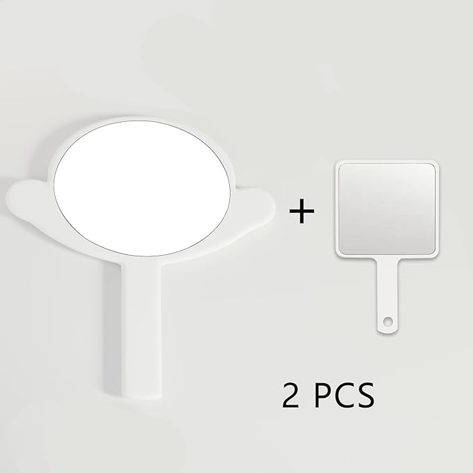 Hand Mirror, 2 Pcs Salon Barber Hairdressing Hand Mirrors with Handle, Multi-Purpose Compact Travel Makeup Mirror, Big + Small Sized Mirror (White, 7.09" Lx 9.06" W)
