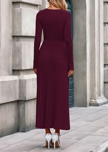 PRETTYGARDEN Women Sweater Dress Fall Fashion 2026 Long Sleeve V Neck Ribbed Knit Pleated A Line Elegant Maxi Winter Dresses