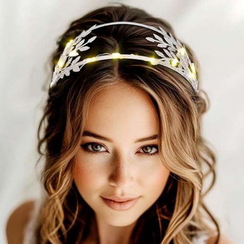 DRESBE Light Up Leaf Headband LED Greek Goddess Headbands Glow Roman Toga Hair Accessories for Women (Silver)
