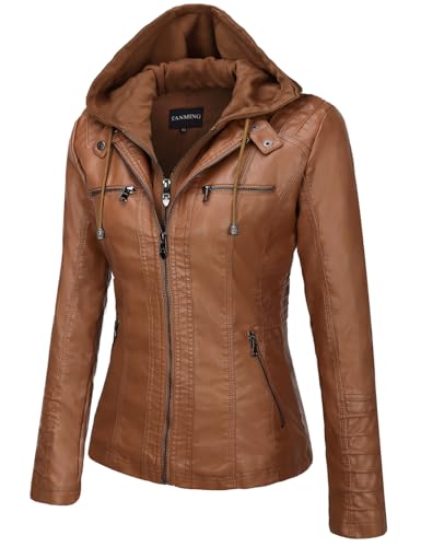 Tanming Womens Faux Leather Jacket Hooded Moto Biker Coat Outerwear Fall Fashion Outfits Winter Clothes