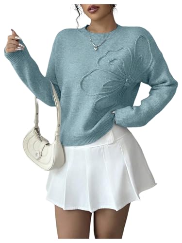 RoseSeek Women's 3D Floral Appliques Crewneck Sweaters Long Sleeve Drop Shoulder Pullovers Elegant Knit Tops