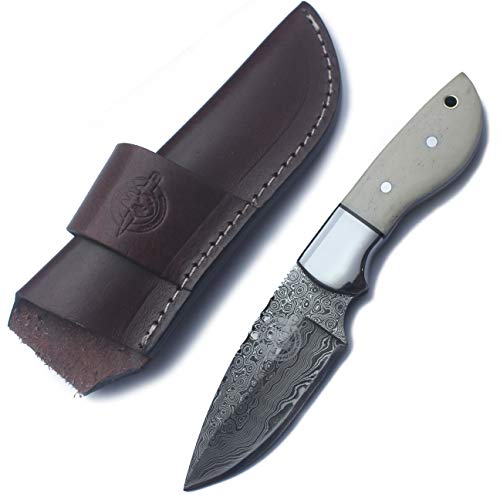 WolfKlinge Handmade Damascus Steel Fixed Blade Knife with Full Tang Bone Handle and Premium Buffalo Hide Leather Sheath fo...