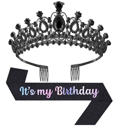 Papoopy Birthday Tiara and Crown with Sash, Birthday Tiara for Women Party (Black)
