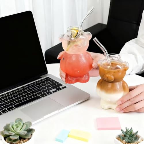 Bearista Glass Straw Cup Cute Bear with 2025 New Teddy Lid Kawaii Bears Shaped Cups for Coffee Smoothie Beer Cocktail Safe...