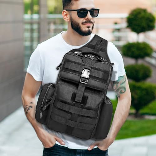 ALVOD Molle Assault Shoulder Bag, Military Crossbody Sling Backpack for Men, Outdoor Hiking Camping Rucksack Sling Bag（Black）