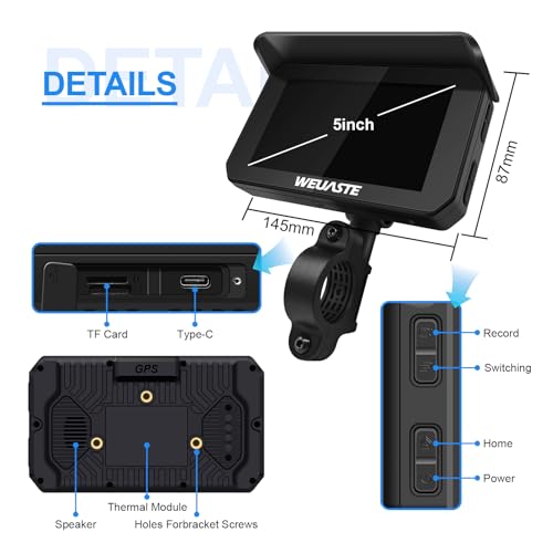 Weuaste 5" Portable Motorcycle Carplay Touch Screen with Wireless Android Auto GPS Navigation System, Bright Waterproof HD...