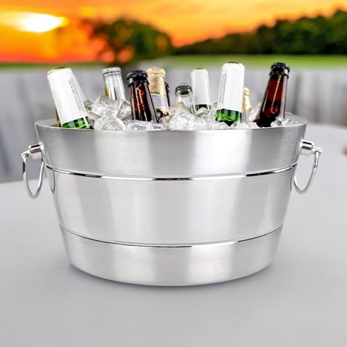 BREKX Stainless Steel Ice Bucket for Parties, Double Wall Insulated Anchored Brushed Drink Tub & Wine Bucket with Double H...