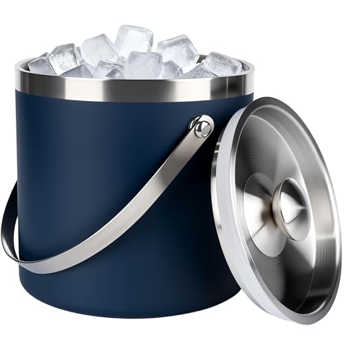 3L Double-Wall Insulated Stainless Steel Ice Bucket with scoop for Cocktail Bar - Metal Ice Bucket for freezer with Lid fo...