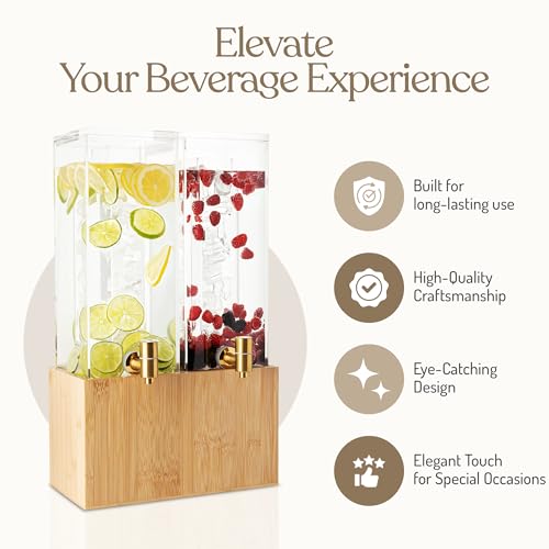 1.25 Gallon Dual Acrylic Beverage Dispenser with Bamboo Stand – Iced Drink Dispenser with Stainless Steel Spigot & Built-i...