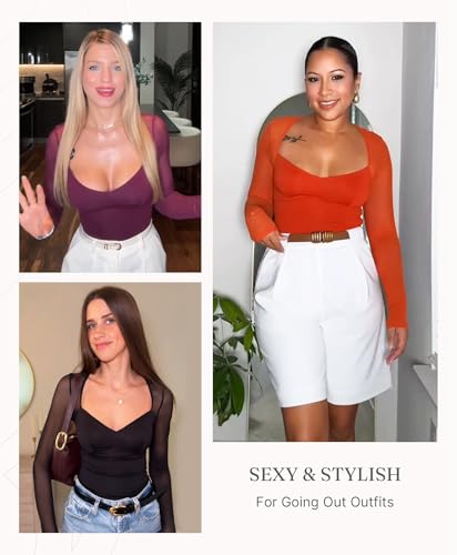 FeelinGirl Long Sleeve Bodysuit for Women Sexy Mesh V Neck Body Suits Thong Corset Top Going Out Outfits for Party