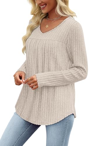 WIHOLL Long Sleeve Shirts for Women V Neck Lightweight Sweaters Casual Tunic Tops Outfits Fall Fashion Clothes 2025