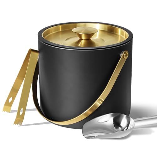 Bakpoco 3L Ice Bucket with Silicone Lid, Scoop, Gold Tongs & Strainer, Stainless Steel Double Wall Insulated Ice Buckets f...