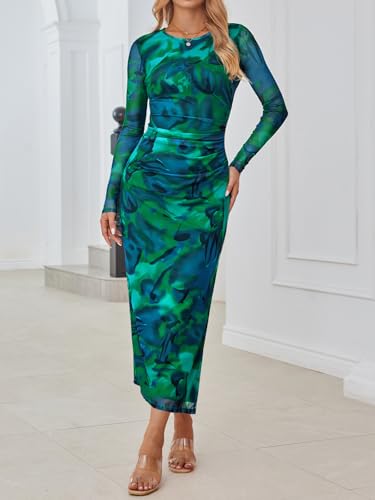 Trendy Queen Women's Floral Print Bodycon Ruched Dress Fall Long Sleeve Maxi Wedding Guest Dresses with Side Slit