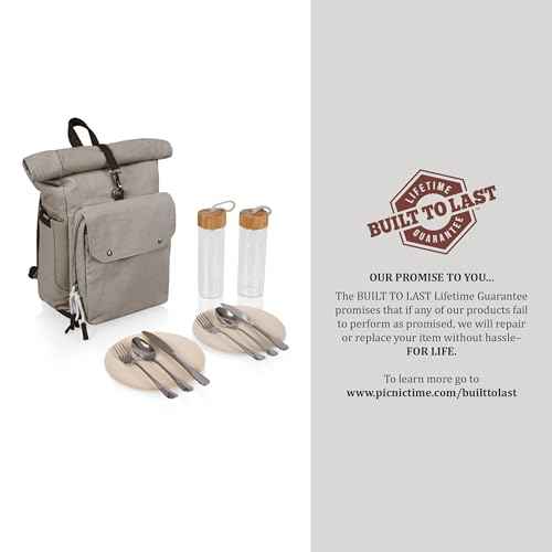 PICNIC TIME Carmel Roll Top Picnic Backpack Cooler with Utensil Set, Canvas Insulated Cooler Backpack Bag for Lunch and Hiking, Beach Cooler Bag, Picnic Bag, (Gray), 14.8 x 5.9 x 22.1