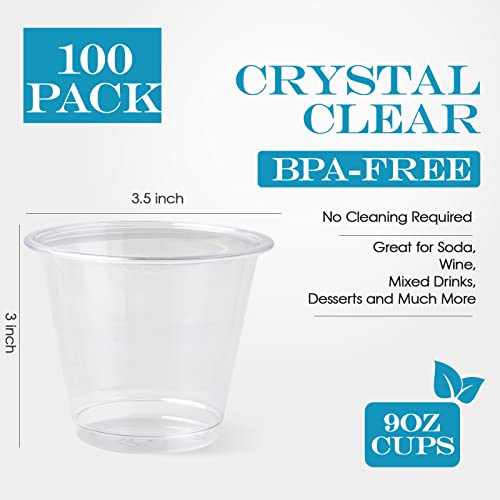 Turbo Bee 100 Pack 9oz Clear Plastic Cups,Disposable Crystal Drinking Cups,PET Plastic Party Cups for Wine,Juice,Iced Coff...