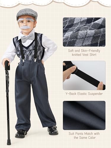 FancyFun 9 Pcs 100 Days of School Costume for Boys Old Man Costume for Kids Grandpa Dress Up Outfits Set