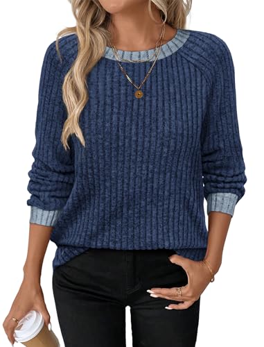 WIHOLL Long Sleeve Shirts for Women Lightweight Sweaters Fall Outfits 2025 Color Block Winter Clothing Dressy Casual Soft