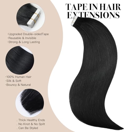 Tape in Hair Extensions £¬Real Human Hair Extension,Jet black Human Hair 22 inch 20pcs 50g,Thick Ends Straight Seamless, Invisible Tape in Hair Extensions Human Hair
