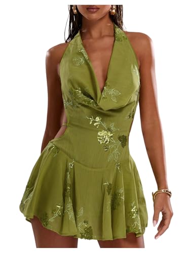 MakeMeChic Women's Floral Sequin Halter Dress Embroidery Draped A Line Y2K Mini Dresses