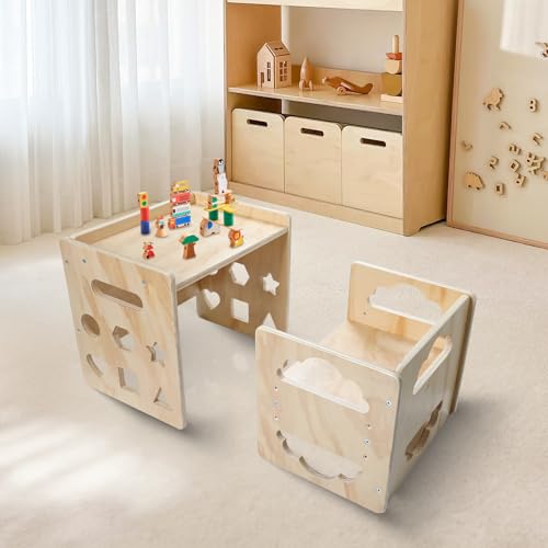 Satisure Montessori Weaning Table and Chair Set, Wooden Toddler Table and Chair Set, 1-3 Age Kids Table and Chairs with Bl...