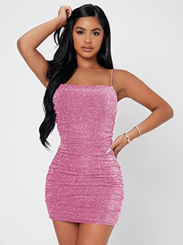 Floerns Women's Glitter Sleeveless Ruched Party Clubwear Bodycon Mini Dress