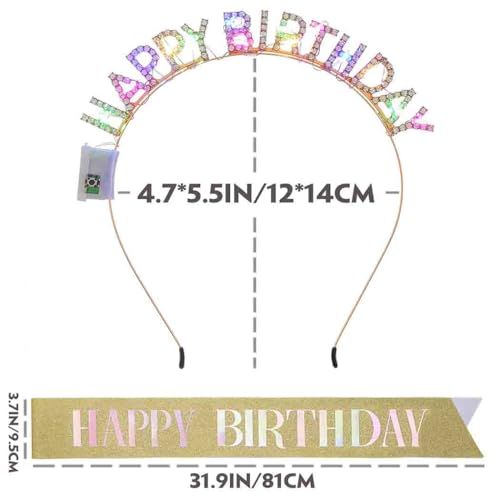 Uranian Light Up Birthday Headbands and Sash Led Rhinestone Crowns Birthday Hairbands Party Favor Hair Accessories for Women