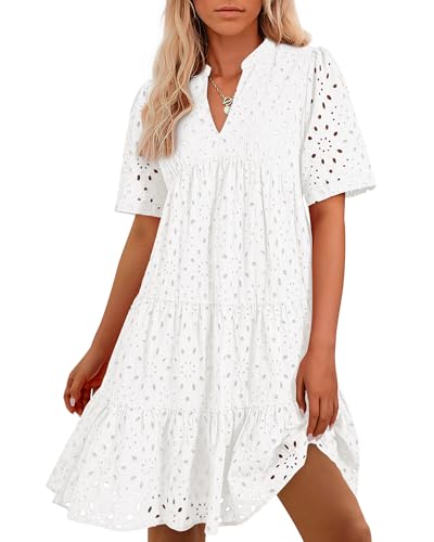 BTFBM Womens Boho Summer Dresses 2026 Spring V Neck Short Sleeve Hollow Out Lace Ruffle Casual Beach Mini Vacation Dress