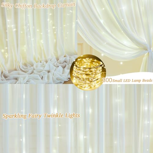 10x10ft Ivory White Chiffon Backdrop Curtain with Lights String for Wedding Sheer Tulle Curtain Photo Backdrops Drapes for...