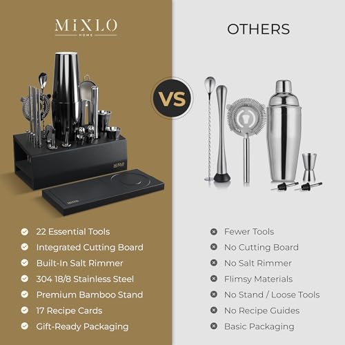 MIXLO HOME Mixology Bartender Kit - 22Pcs Bar Set Cocktail Shaker Set w Black Bar Cart Accessories Stand - Shakers Bartend...