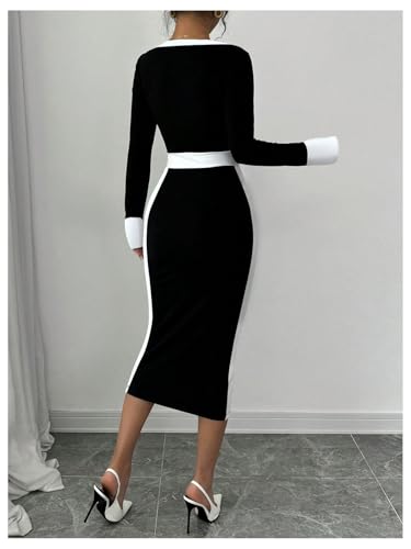 SOLY HUX Women's Long Sleeve Square Neck Bodycon Elegant Midi Dress Pencil Cocktail Party Dresses