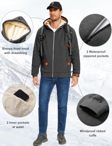 Flygo Sherpa Hoodies for Men Zip Up Winter Fleece Lined Hooded Sweatshirt Heavyweight Warm Jackets
