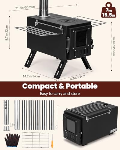 Upgraded Portable Wood Stove for Camping, YRenZ Compact Tent Stove with Large Firebox, High Airtightness for Outdoor Cooki...