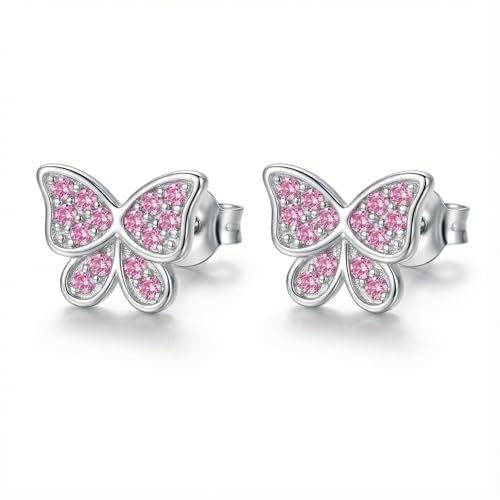 Women's 925 Sterling Silver Pink Love Stud Earrings, Small And Exquisite Heart Cubic Zirconia Earrings, Lightweight And Hy...
