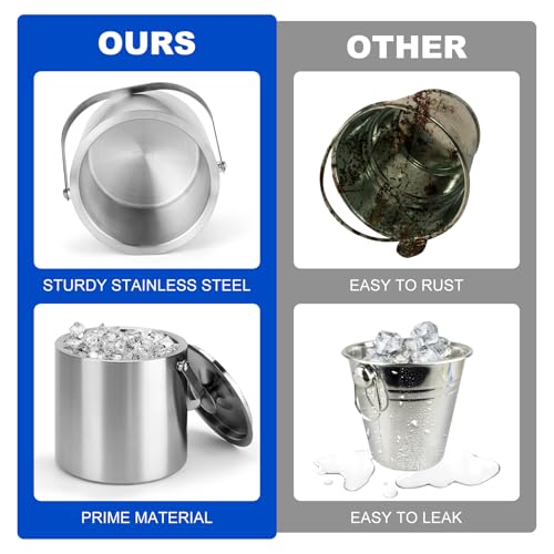 Yeatruojeet Ice Granule Bucket 3L Double Wall Ice Bucket with Lid,Scoop,Tongs- Inner Layer 304 Stainless Steel Ice Contain...