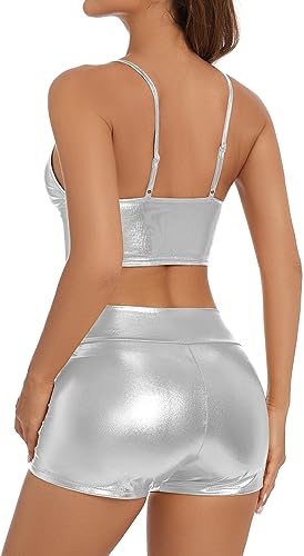 Gatielzana Women's Metallic Rave Booty Shorts Shiny High Waisted Bottoms for Dance Festival