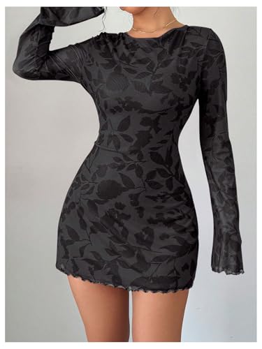 MakeMeChic Women's Floral Print Long Sleeve Mini Dress Mesh Backless Y2k Going Out Dresses