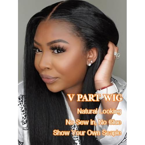Julia Hair V Part Wig Human Hair Yaki Straight Glueless Wigs for Women 12A Briazilian Remy Hair Upgrade U Part Wig No Glue No Leave Out Beginner Friendly Natural Color 18 Inch Yaki Wig