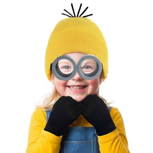 3 Pcs Halloween Costumes Accessories Adult Yellow Beanie Goggles Hat Gloves for Kids Family Funny Cosplay Party Gift
