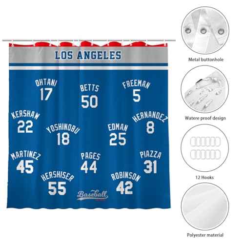 AARONIE Dodger Shower Curtains for Bathroom Decor, Los Angeles Shower Curtain with 12 Hooks, for Dodger Wall Art Decor, Dodger Gift for Man, 72"¡¿72"