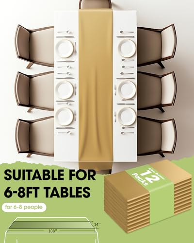 Pureegg Gold Plastic Table Runners - 12 Pack, 14'' x 108'', Water Resistant & Disposable Centerpiece Decorations for Table...