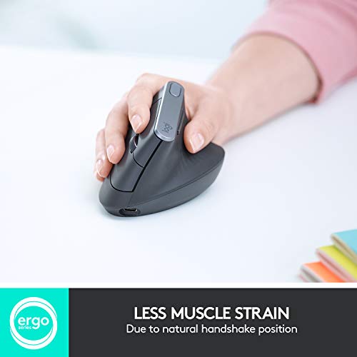 Logitech MX Vertical Wireless Mouse – Ergonomic Design Reduces Muscle Strain, Move Content Between 3 Windows and Apple Com...