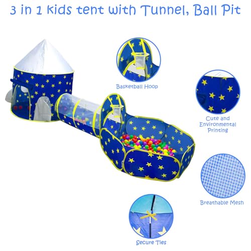 PigPigPen 3pc Kids Play Tent for Boys with Ball Pit, Crawl Tunnel, Princess Tents for Toddlers, Baby Space World Playhouse...