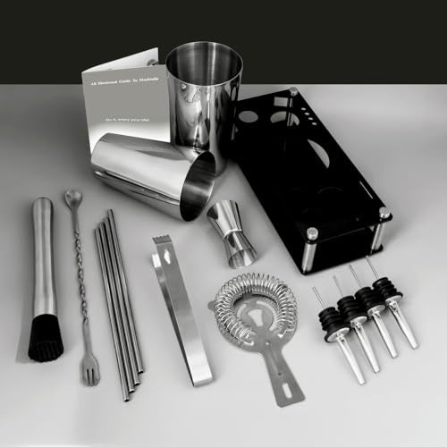 Professional Cocktail Shaker Set with Stand Cocktail Recipes, 15-Piece 750/600ml Bartender Kit, Bar Sets Bartending Kit Ba...